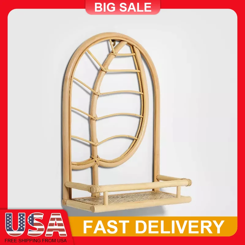 

Natural Rattan Wall Shelf for Kids Arch Leaf Design Boho Hanging Shelf Girls Boys Room Storage Organizer Books Display