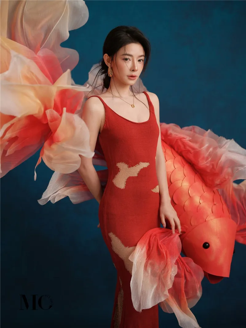 

Red ter Dr New Year Theme Koi Fi Chinese Sle High-End Sensation Photoaphy Portrait Artwear Women's Ethnic Costume