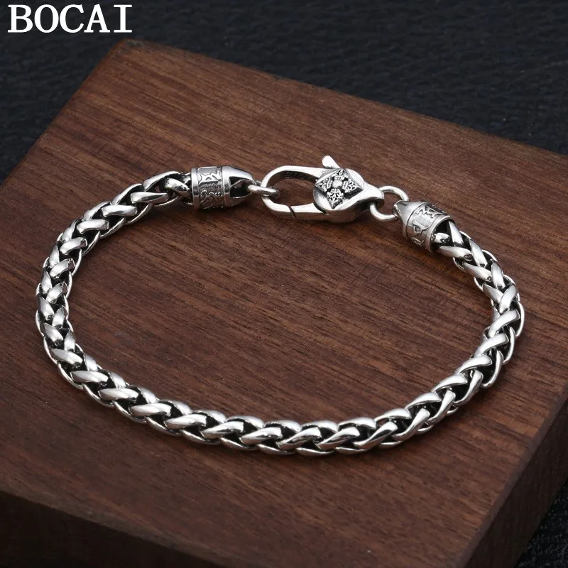 

BOCAI 5MM S925 Silver Fashion Trend Retro Vajra Six-character Mantra Hand-woven Hemp Rope Bracelet for Men and Women