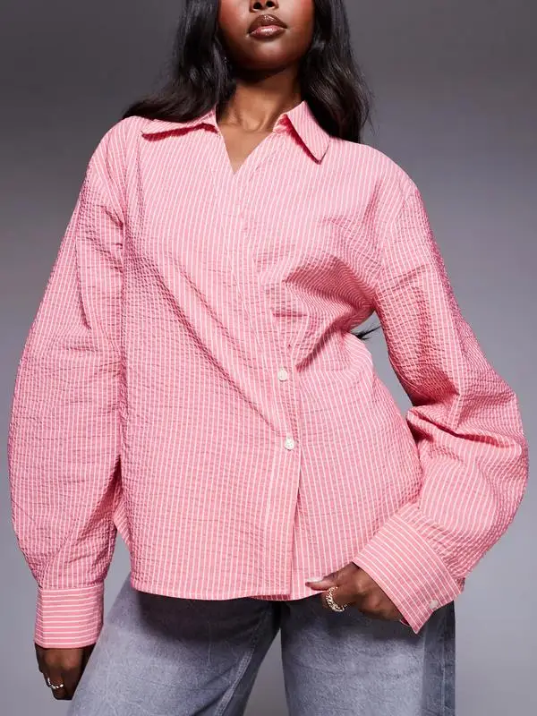 GuliriFei Damen-Hemden mit Knöpfen, modisch, langärmelig, Reverskragen, kariert, einfarbig, lässige Oberteile