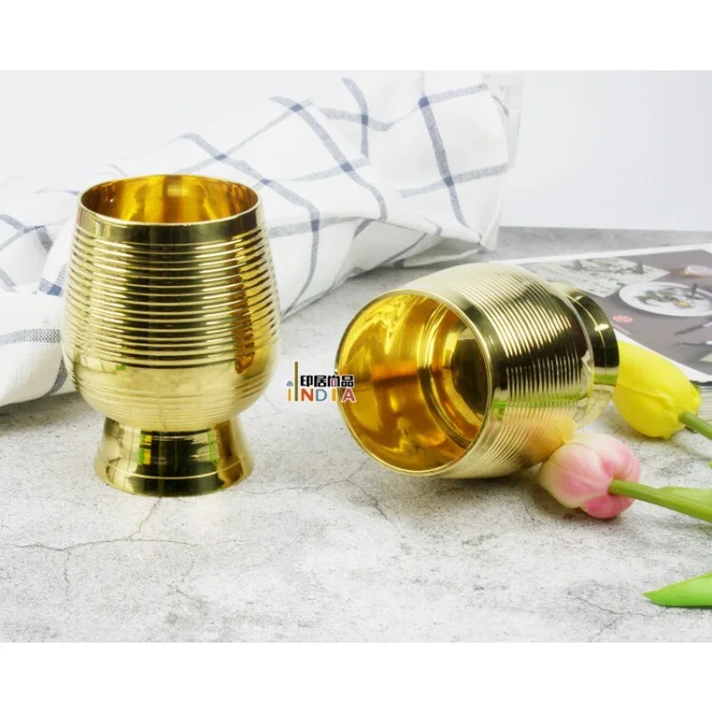 Ribbed Brass Goblet Cup 290ml Southeast Asian Style Metal Goblet Cocktail Milk Tea Cup Home Restaurant Tableware Mug