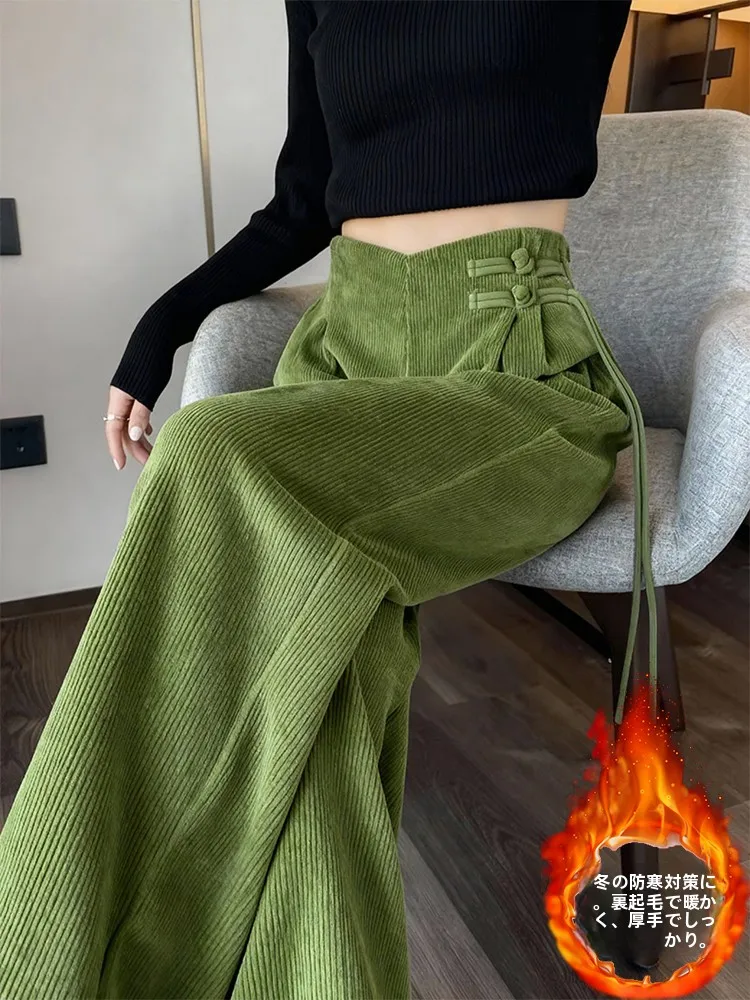 Pantalones anchos de pana verde oliva estilo chino, tendencia nacional, con botones, holgados, cálidos, de invierno, estilo informal, pantalones casuales para mujer