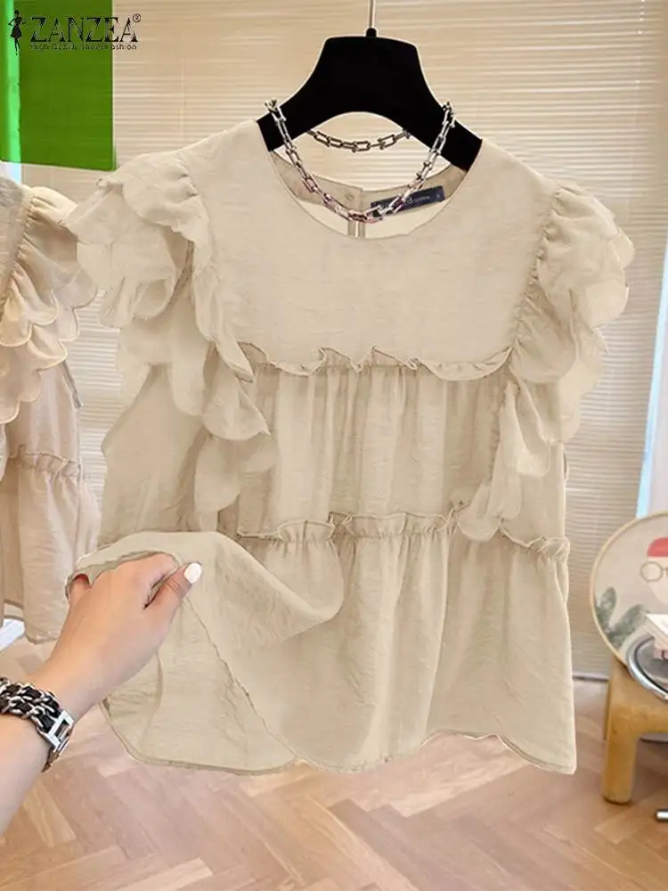 2024 Fashion Ruffles Stitching Tops ZANZEA Women Cap Sleeve Blouse Summer Korean Solid Shirts Holiday Casual Round Neck Tunics