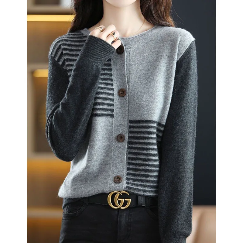 Women\'s Clothing Elegant Fashion Round Neck Button Knitted Cardigan Autumn Winter Loose Commute Female Striped Spliced Sweaters