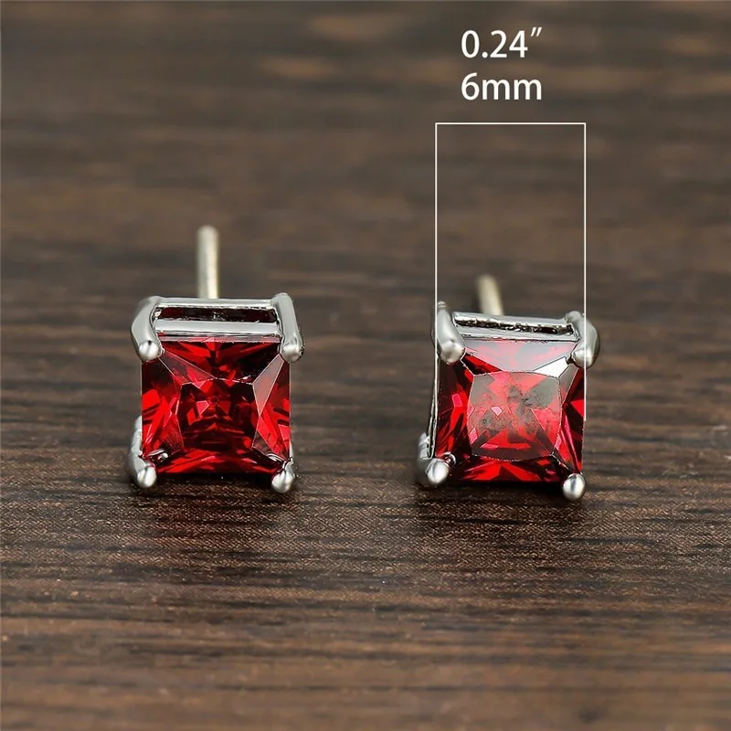 2023 New Shiny Red Square Cubic Zirconia Stud Earrings for Women Fashion Silver Color Geometry Brides Wedding Jewelry Party Gift