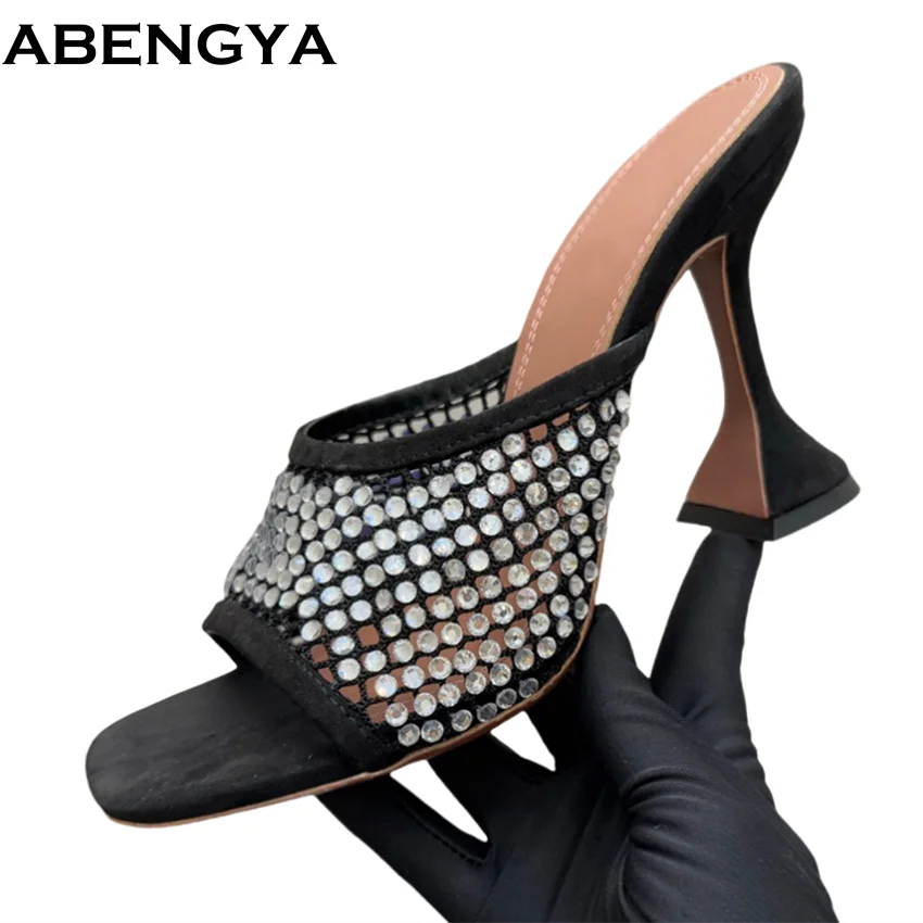 

Летние тапочки на каблуке с кристаллами, женские сандалии, сетчатые замшевые кожаные шлепанцы, вечерние туфли на высоком каблуке со стразами, женские тапочки