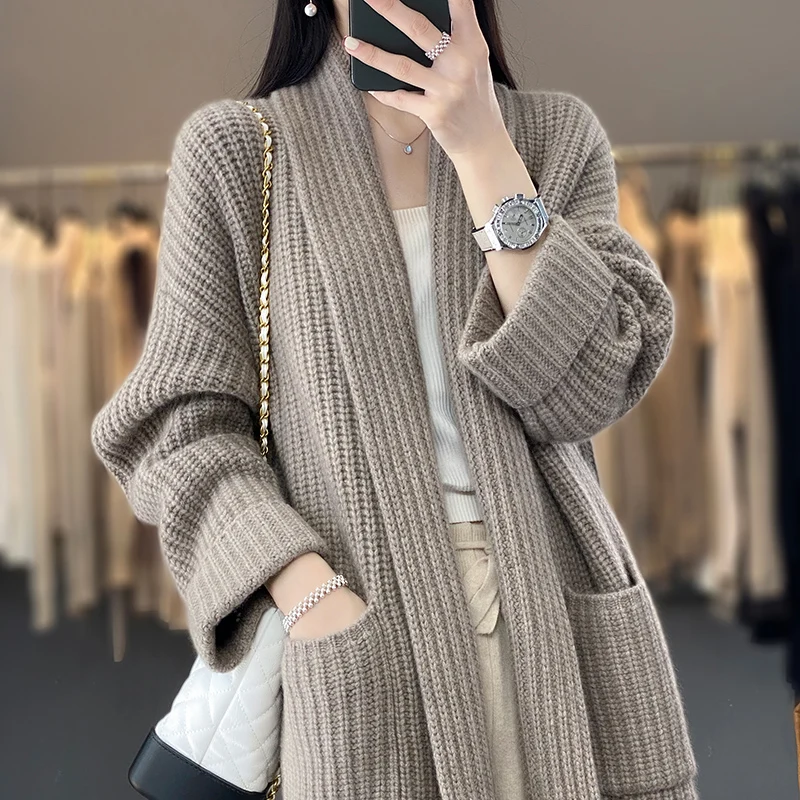 Fall/Winter New Fashion Cashmere Long V-neck Sweater Jacket Women with Pocket Loose Joker Long Sleeve Wool Knitted Cardigan