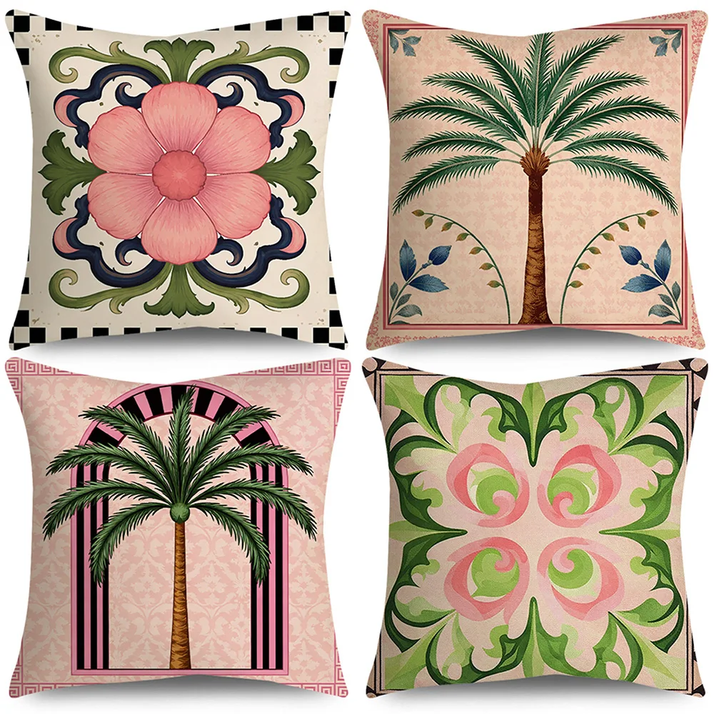1/4pcs 2D Flat- Pink Palm Tree Arch Throw Pillow Cover, Vintage Damask Boho Cushion Case for Home Decor Home decoration