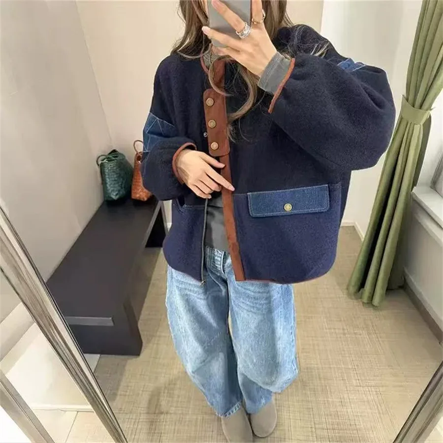 

Fashionable Neutral Woolen Patchwork round Neck Workwear Casual Outerwear Autumn Winter Long Sleeve Color Women's Coat