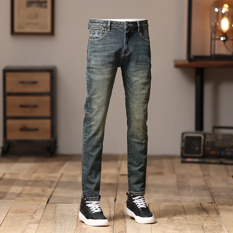 Newly Vintage Fashion Men Jeans High Quality Retro Washed Blue Stretch Slim Fit Ripped Jeans Men Embroidery Designer Denim Pants