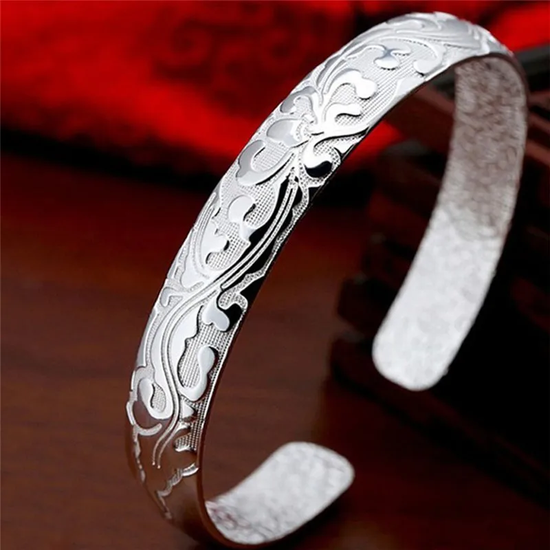 Hot Women\'s Silver Plated Bezel Cuff Bangle Open Bracelet Female Models Blossoming Jewelry