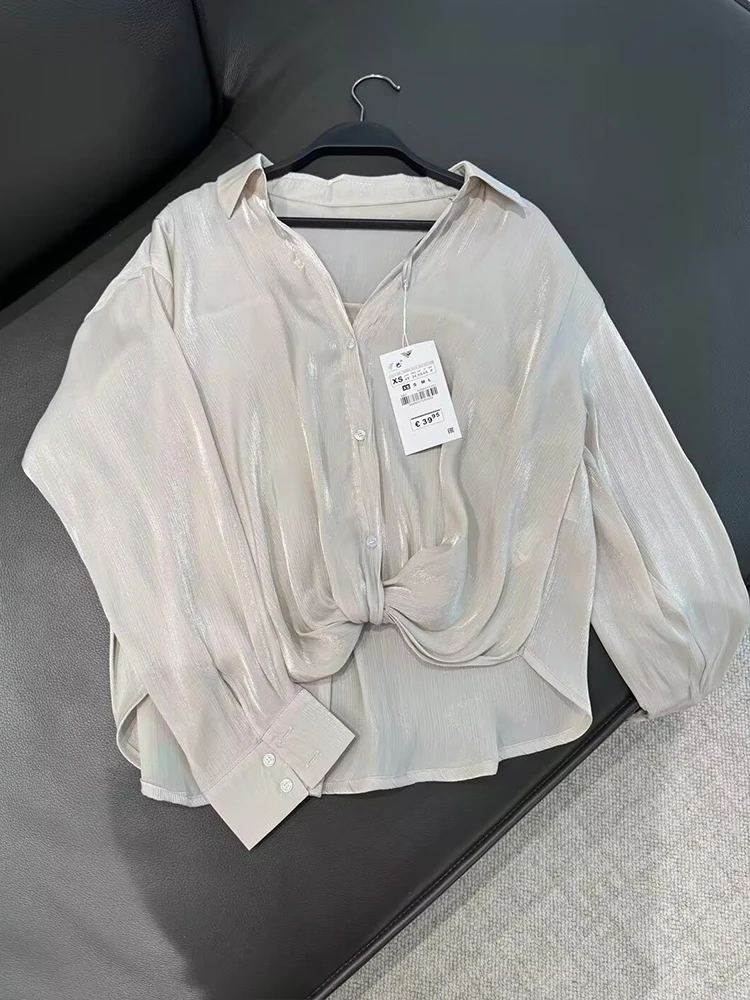 

Zach AiIsa Summer New Arrivals Women's High-quality Lapel Temperament Versatile Knotted Satin Textured Casual Long-sleeved Shirt