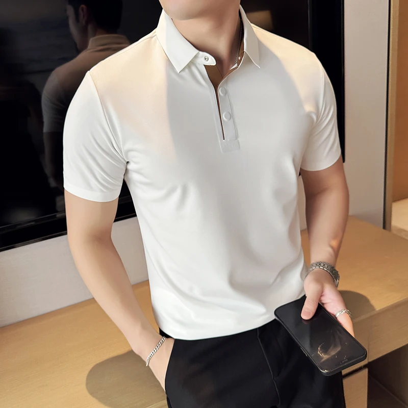 Men's Solid Color Polo Shirt, Business Casual Men's Short Sleeve T-shirt. Color Mixing Polo Shirt, with Elasticity，M-4XL