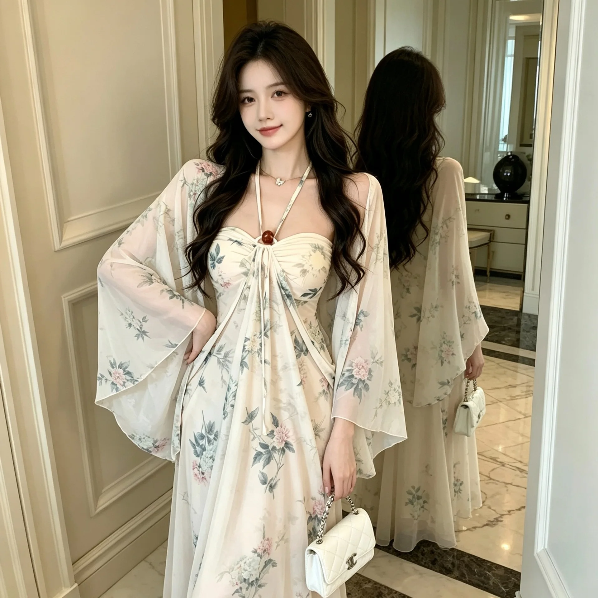 Elegant Beautiful Long Dress Neck Hanging Shoulder Wrap Chest Strapless Dress Chic Holiday Style Casual Sportswear Set