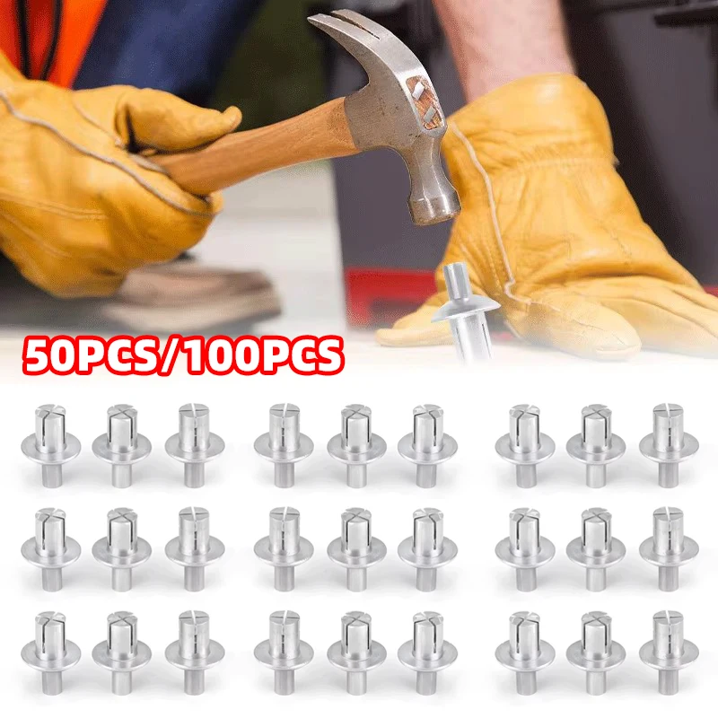 Creamily 50Pcs/100Pcs Aluminum Core Rivets Hammer Drive Expansion Round Head Rivet Knock Type Fasteners Shock Rivets Screws