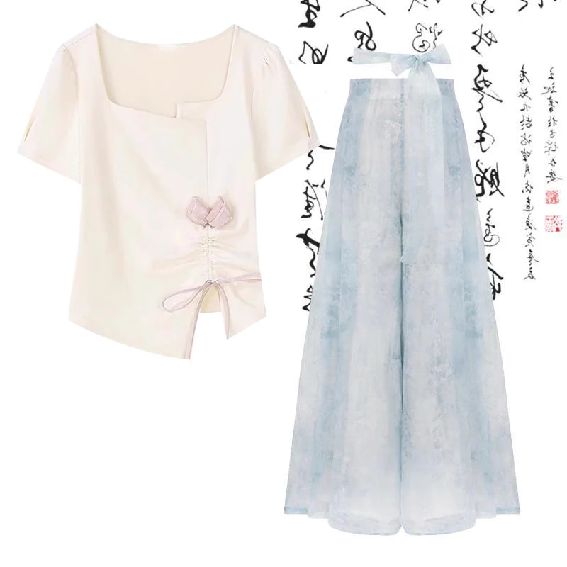 

New Chinese Sle Summer Improved ort Sve Women's Top And Wide Leg Pants Set Zen Sle Clothing Hanfu Design Sensation
