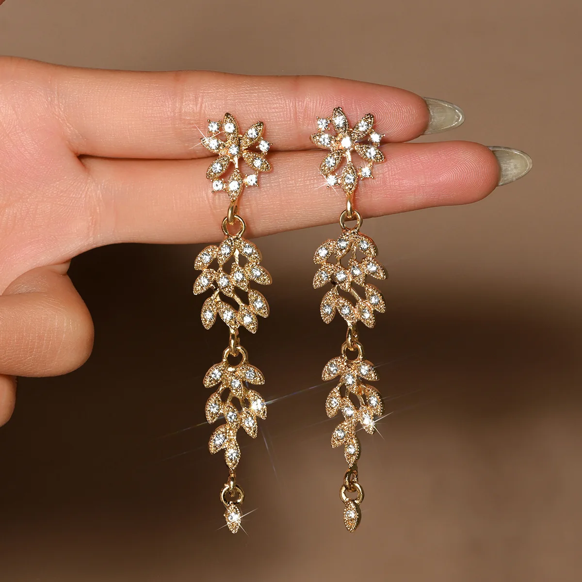 BLIJERY Elegant Crystal Bridal Earrings Gold-color Leaf Floral Drop Earrings for Women Wedding Party Jewelry Femme Pendiente