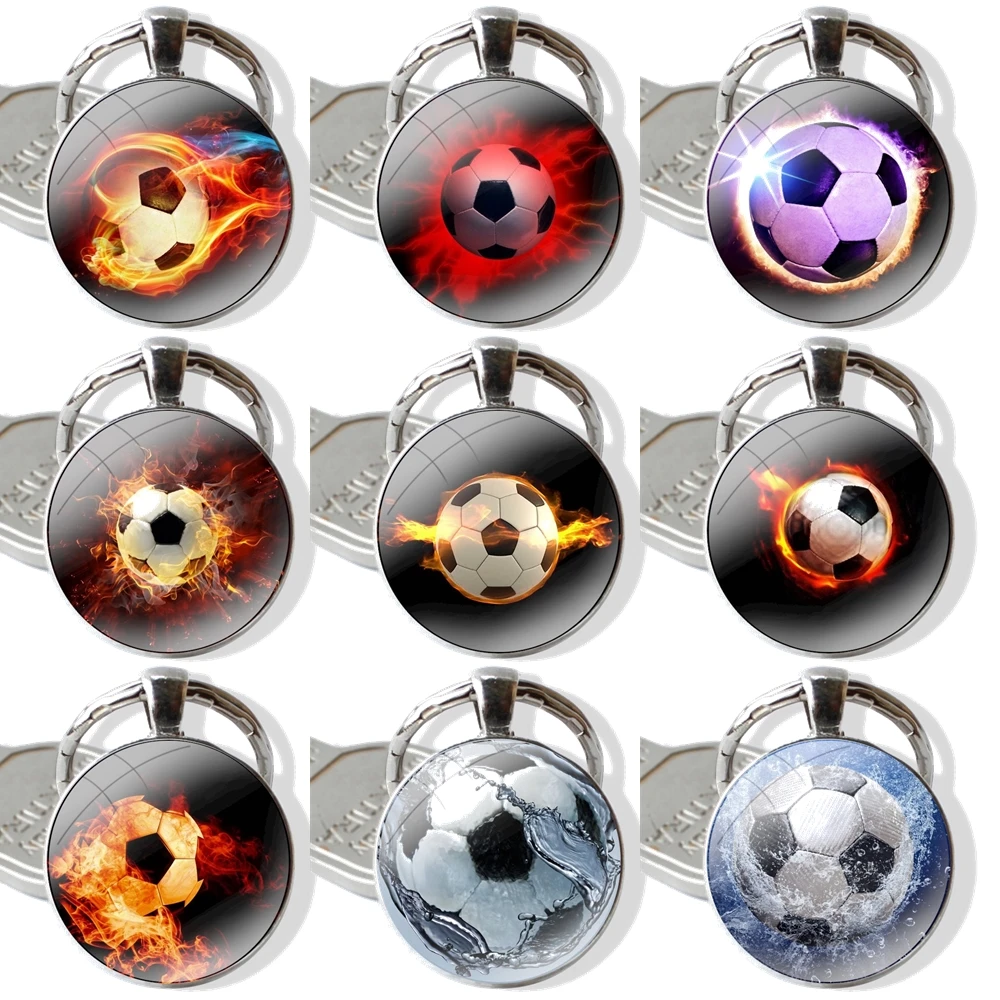 25mm Glass Cabohcon Keychain Key Rings for Women Men Jewelry Gift Soccer Ball on water burning fire sports