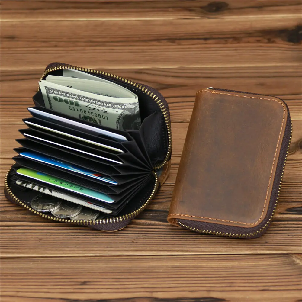 Retro VIP ID Bank Credit Card Holder Zipper Organ Wallet Slim Small Cards Cases Crazy Horse Genuine Leather Mens Card Bag