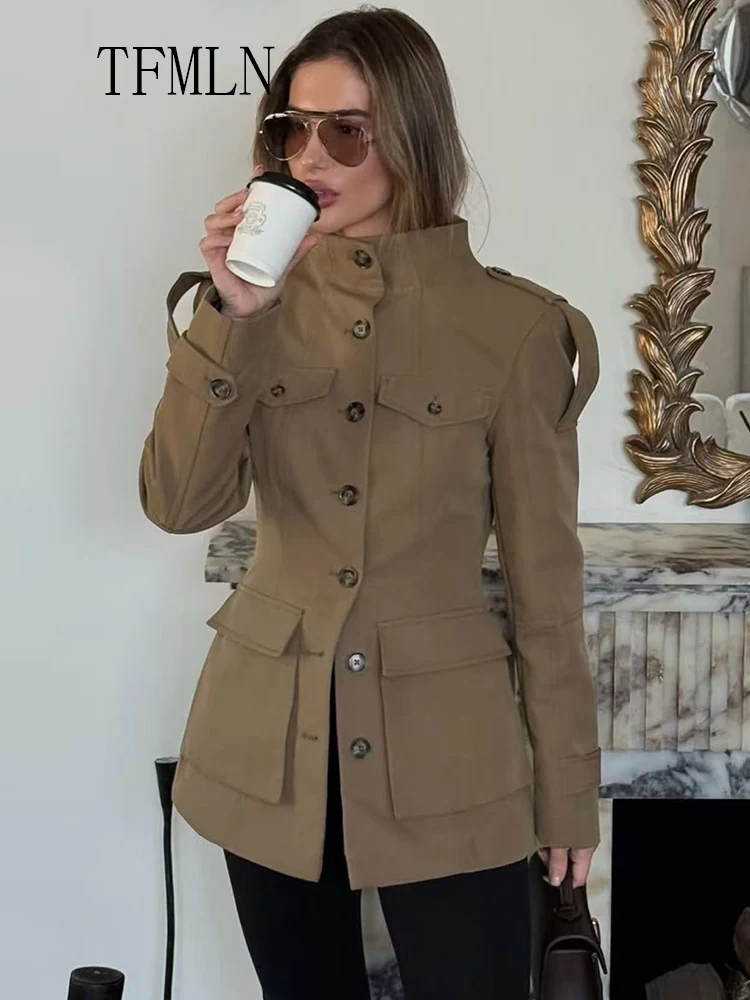 

Retro 2025 Autumn Woman Stand Collar Jackets Fashion Single Breasted Pockets Solid Causal Chic Coats High Street Slim Outwear