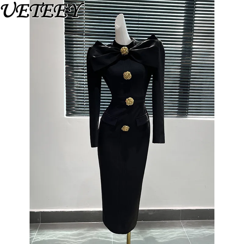 French Retro High-End Design Long Sleeve Bow Dress for Women 2024 Early Spring New Elegant Black Slimming Sheath Dresses