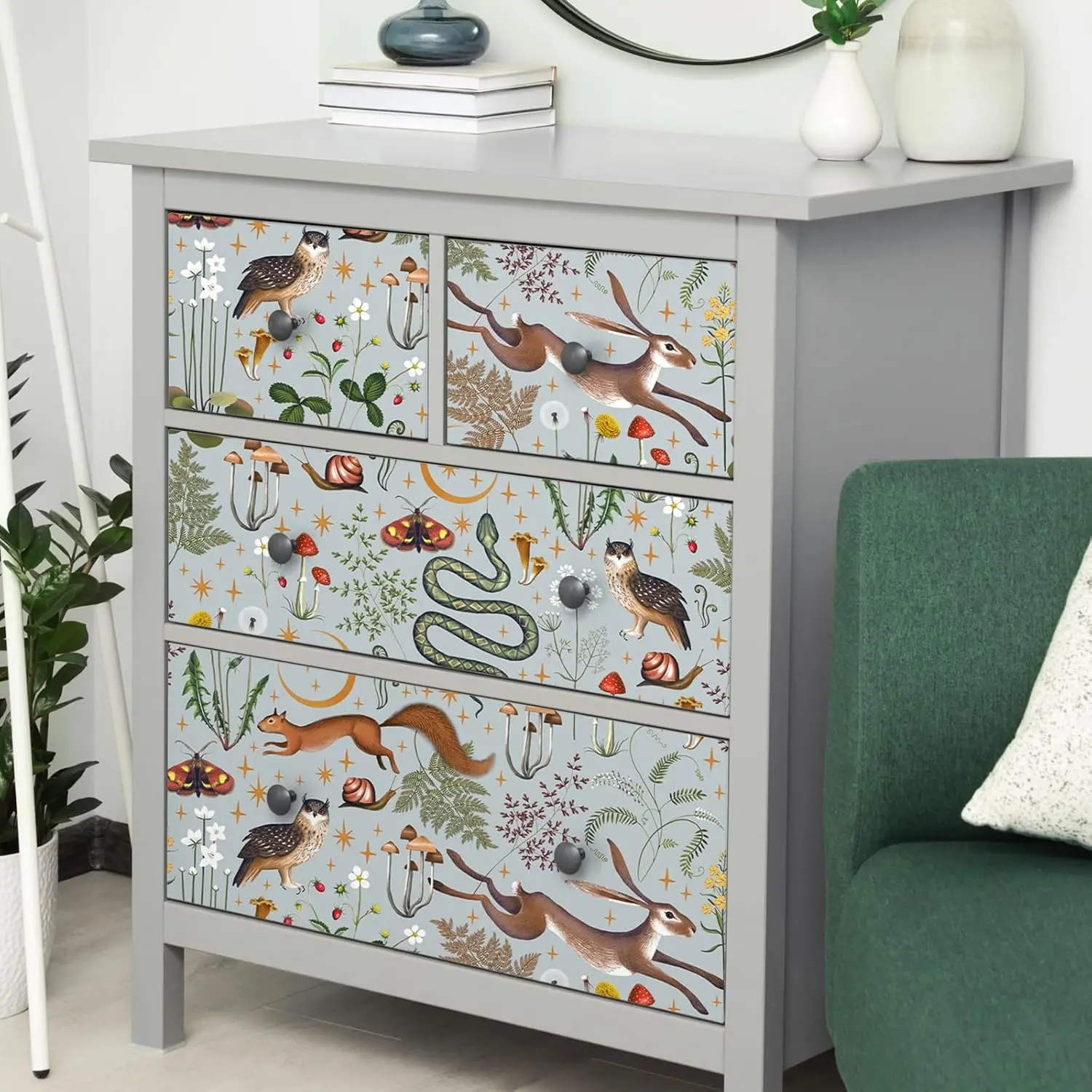 Woodland Peel & Stick Wallpaper Magical Forest Hare Owl Snail Mushroom Self Adhesive Wall Decal Paper for Nursery Decoration