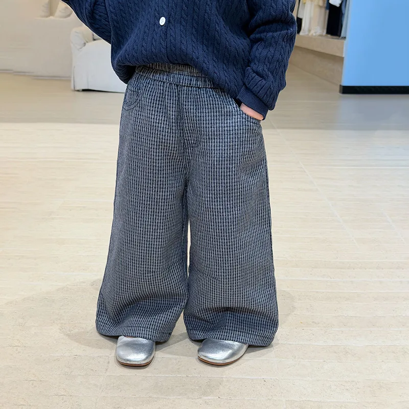Girls Pants 2026 Autumn and Winter New Childrens Clothing Korean Style Girl Baby Loose Foreign Style Retro Plaids Straight Pants