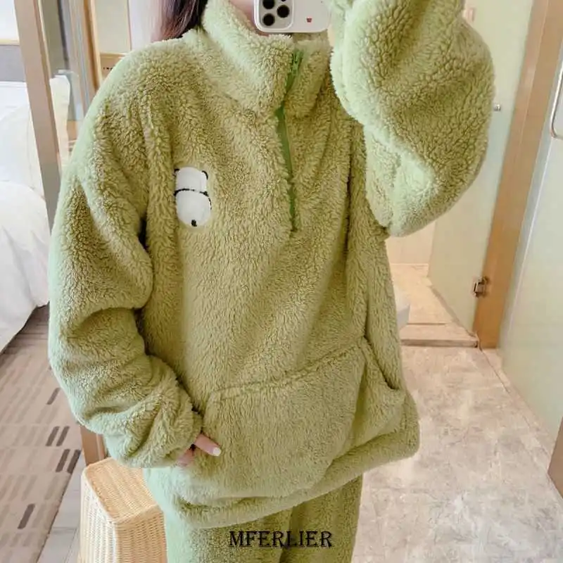 Plus Size 6XL 150kg Winter Warm Coral Fleece Pajamas Sets Long Sleeve Top And Pants Sleepwear Suit Women Female  Warm Homewear