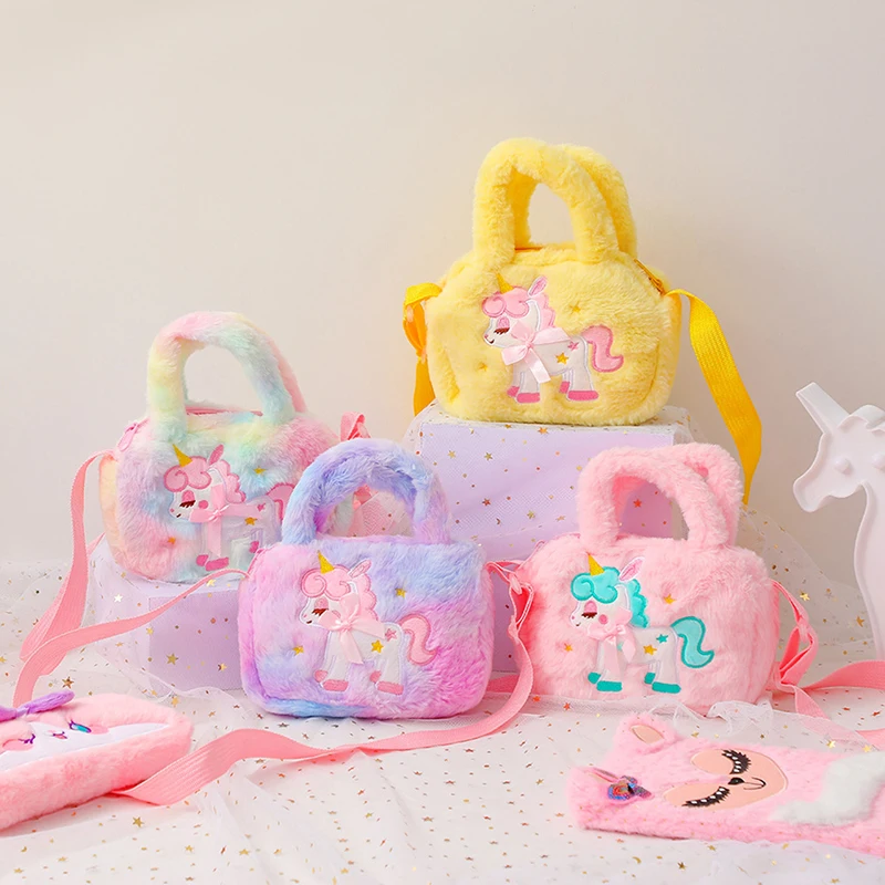 

Children's Embroidered Unicorn Plush Crossbody Bag and Handbag, Little Girl Rainbow Plush Wallet,Cute Cartoon Fuzzy Shoulder Bag
