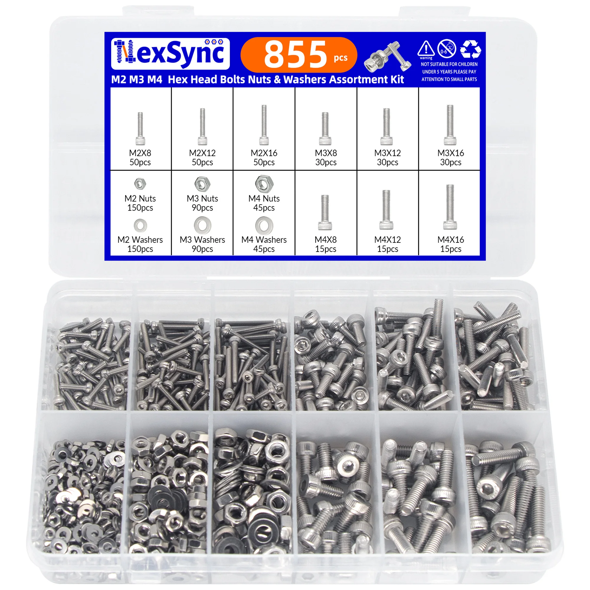 

NexSync 855 шт. Набор винтов с шестигранной головкой из нержавеющей стали 304 — M2/M3/M4 с гайками и шайбами — универсальный крепежный комплект для промышленного/сделай сам