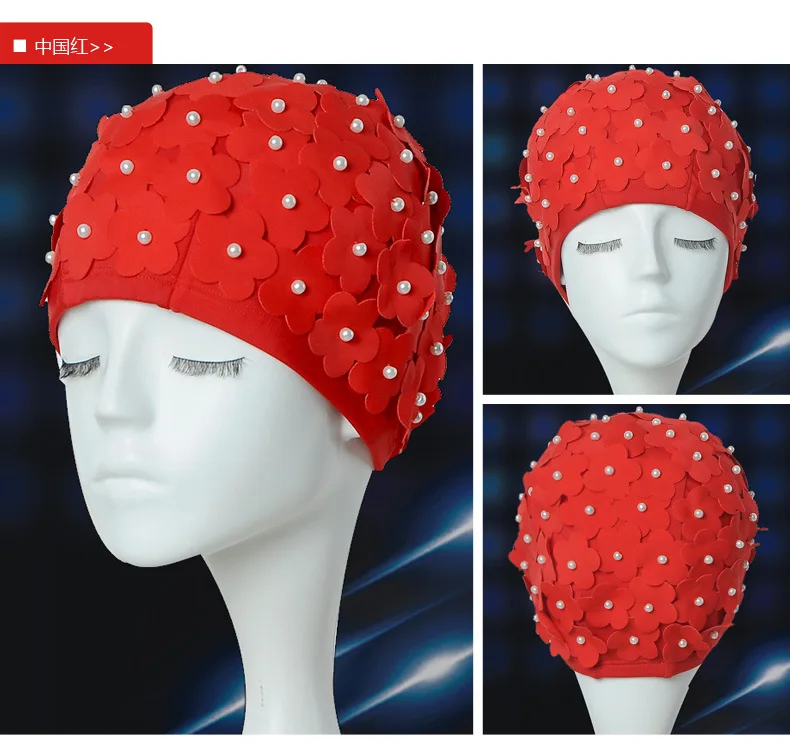 Gorro de natación con pétalos tridimensionales de perlas para mujer, gorros de baño de pelo largo y corto para vacaciones, moda femenina, nuevo verano