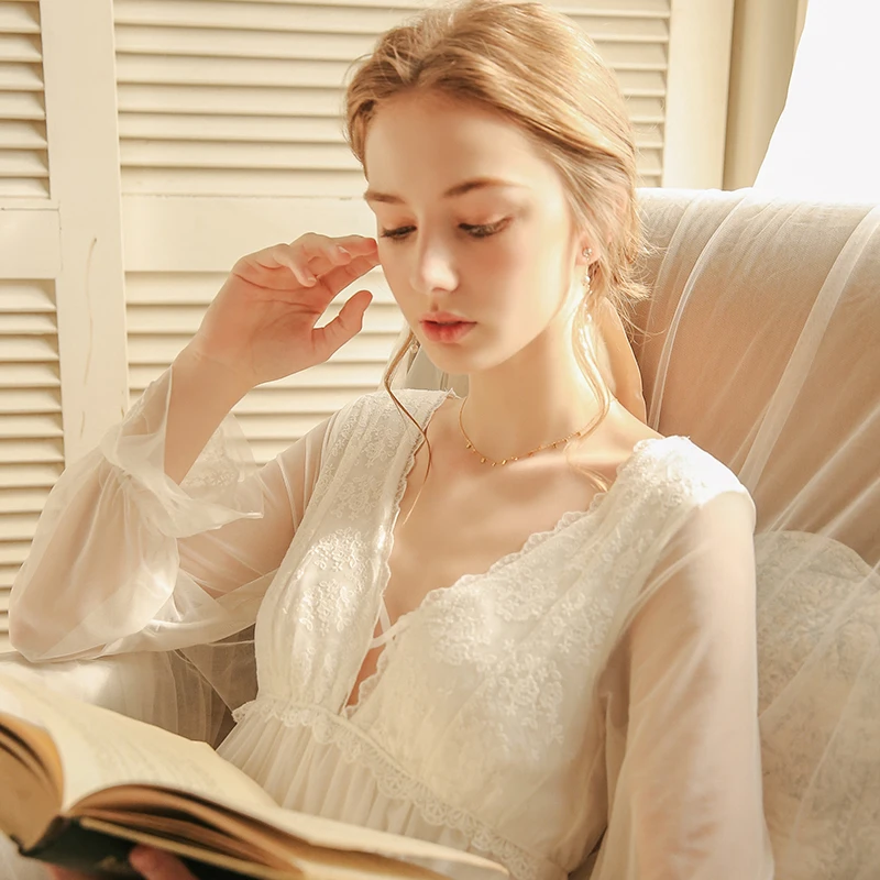 Women Spring Autumn White Full Sleeves Nightdress French Sexy V-Neck Long Ankle-Length Nightgowns Princess Sweet Lace Nightie