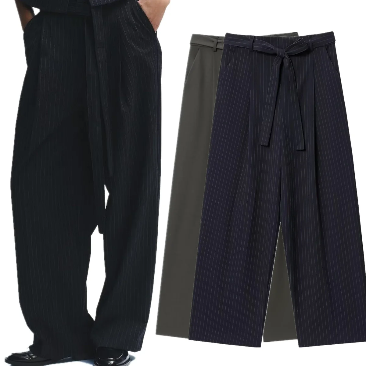 

Maxdutti Minimalist Grey Navy Blue Striped Wide-leg Pants French Style Lazy Loose Trousers For Women Vintage Casula Pants
