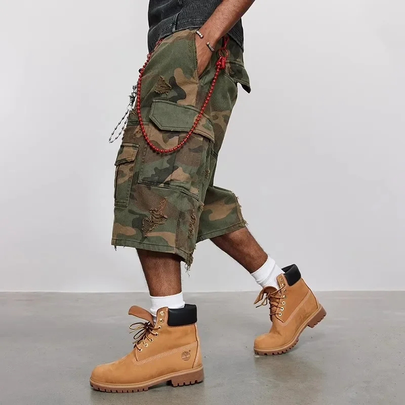 Destroy Camouflage Grinding Washed Cropped Pants Ripped Shorts Loose Wide-leg Shorts