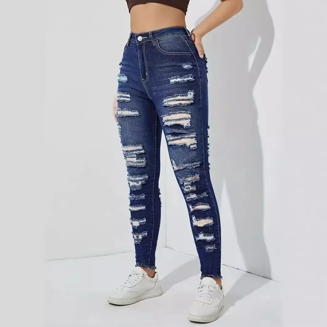 Large Size Denim Rough Edge Ripped Pants Fat MM Elastic Pencil Pants High Waisted Jeans Ripped Jeans for Women