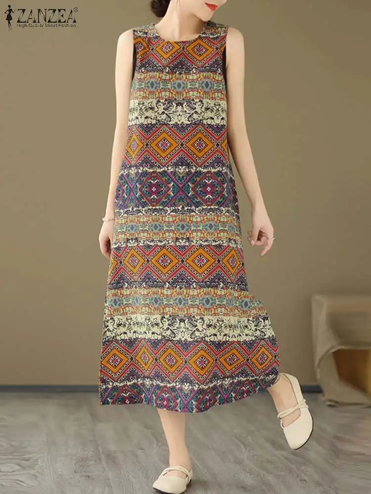 Women Bohemain Sleeveless Sundress ZANZEA Summer Printed Dress Vintage Beach Holiday Vestidos Casual O Neck Baggy Midi Dresses