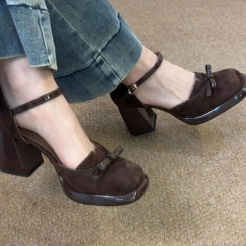 

Women's Mary Jane Heels, Chunky Block Heel Platform Shoes with Bow Detail, Round-Toe Ankle Strap Pumps