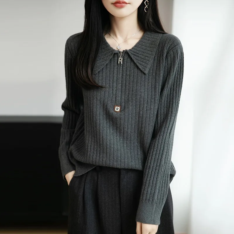 

Женский вязаный пуловер с длинным рукавом, воротником и молнией, осенне-зимний модный топ из высококачественного материала, один предмет