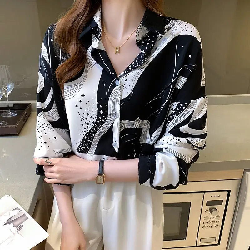 Temperament Spring and Autumn Women\'s POLO Collar Printing Contrast Color Single Breasted Fashion Loose Long Sleeve Shirts Tops