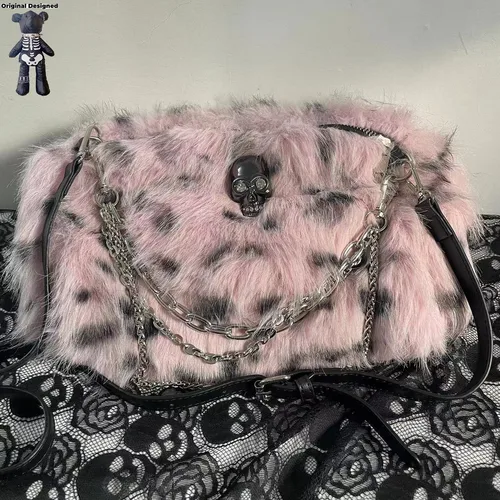 Imagen 2 del producto Bolso de mano de leopardo rosa Y2K Punk, bolso cruzado diario versátil de felpa, bolsos de mano con mensaje