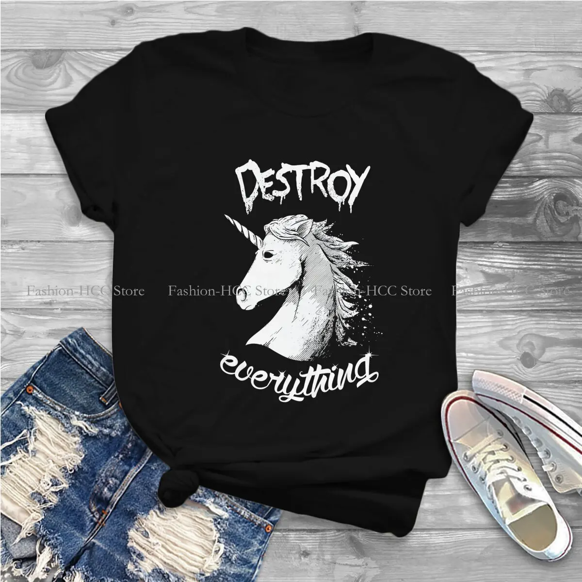 Destroy Everything O Neck TShirt Cute Unicorn Cartoon Classic Polyester T Shirt Women Clothes Fashion