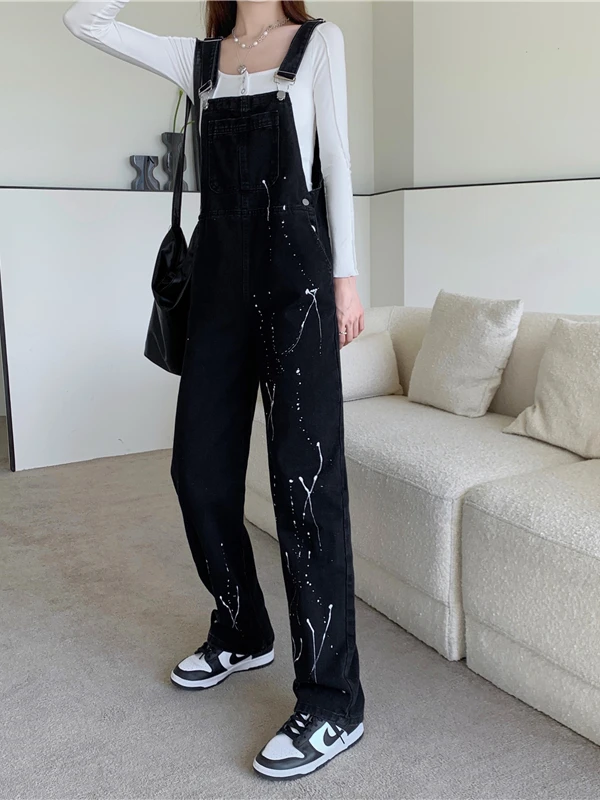 Lente Herfst 2025 Nieuwe Stijlwijde Denim Salopette Dames Hoge Taille Knoopsluiting Lange Broek Diepgekleurd