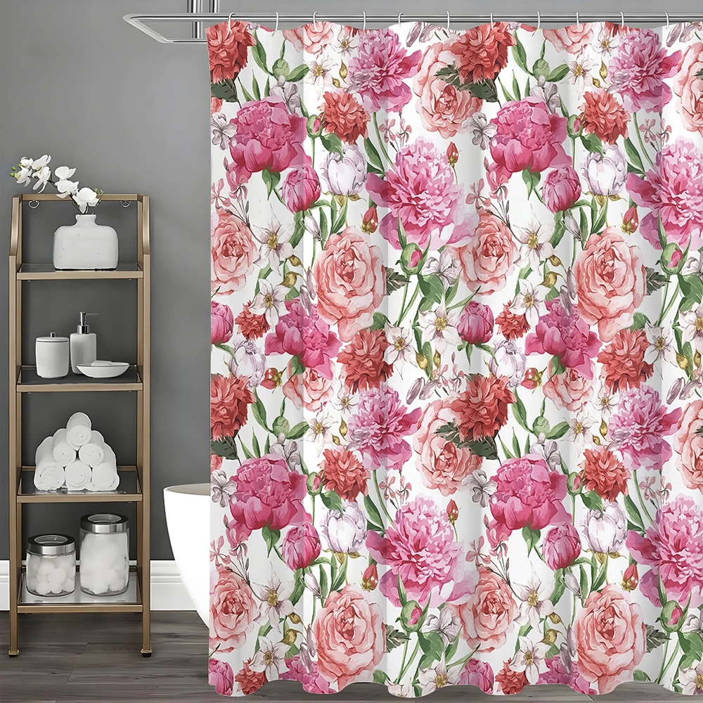 

Spring Pink Floral Shower Curtain, Bathroom Decorative Shower Curtain, Waterproof Shower Curtain with Hooks