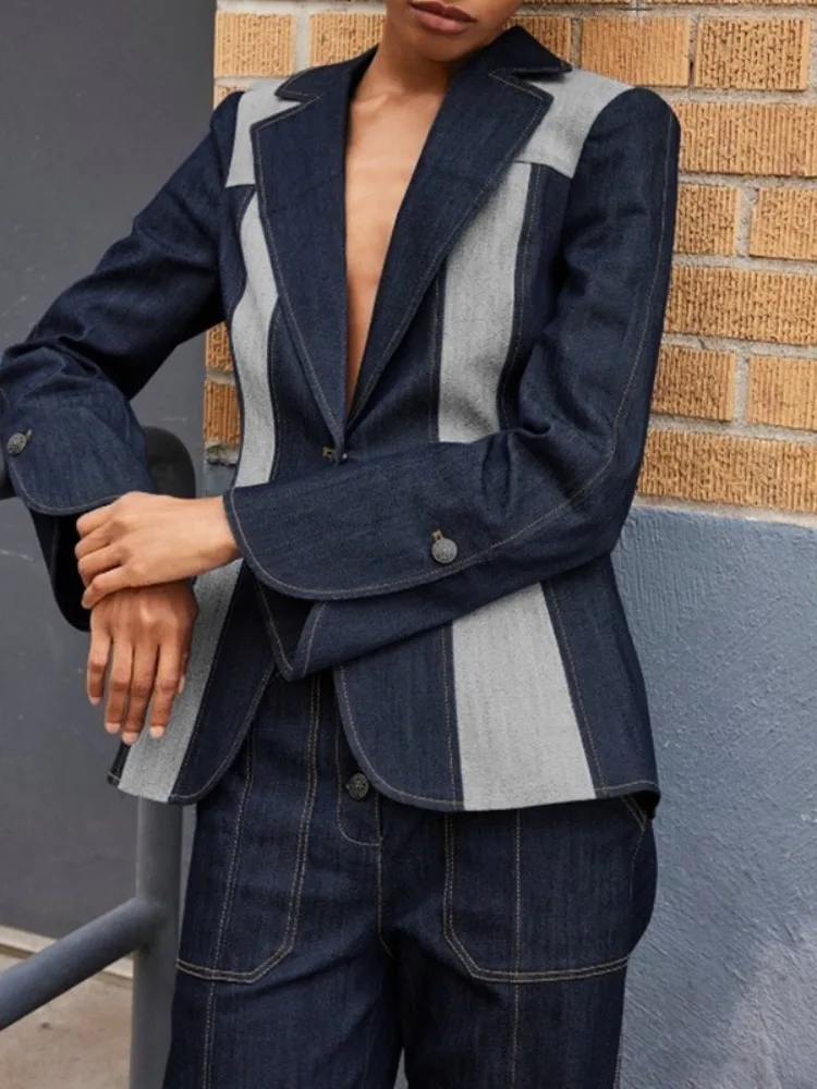 

Women's Jackets 2025 Fall New Contrast Color Casual Blazer Coat Lapel Collar Long Sleeves One-Buttoned Loose Fit Coats