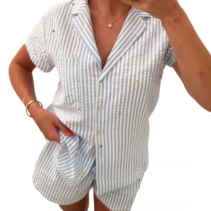 European American Style Women's Fashion Casual Suit Striped Heart Shaped Elastic Shorts Matching Pajamas Set XL Size Summer