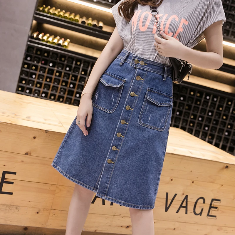 

S-5XL Fashion Blue Denim Skirt Summer High Waist Pocket Single Breasted A-Line Short Skirt Women Wrap Hip Skirt