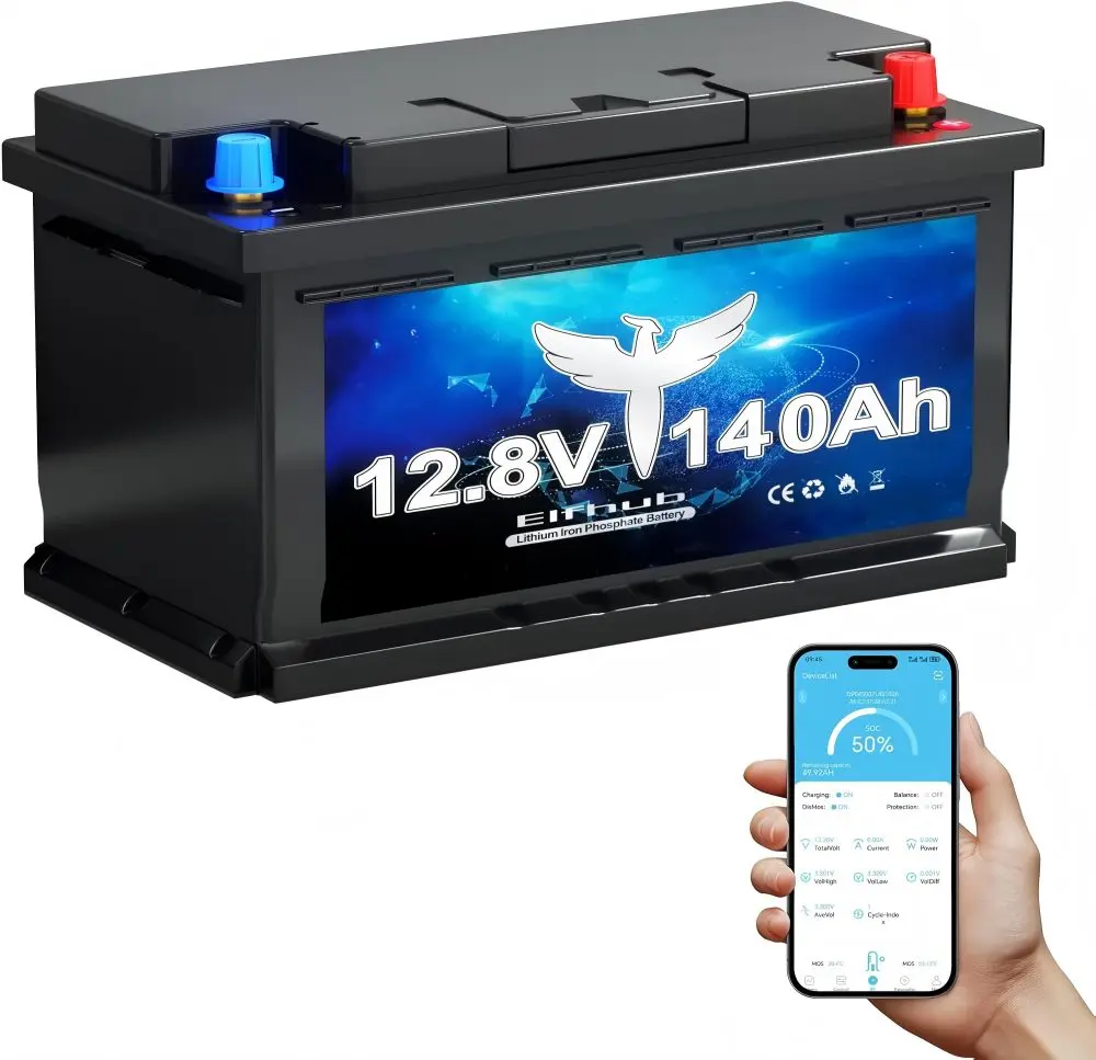 Batterie LiFePO4 12V 140Ah H190 de 189mm de hauteur, batterie au Lithium 1792Wh avec BMS Bluetooth intelligent 150A, pour camping solaire RV