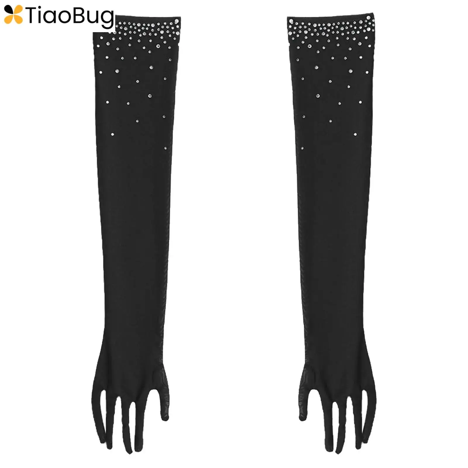 

Kids Girls Latin Jazz Dance Gloves 1 Pair Glittery Rhinestones Five-Finger Full-Length Mesh Gloves for Tango Samba Accessories