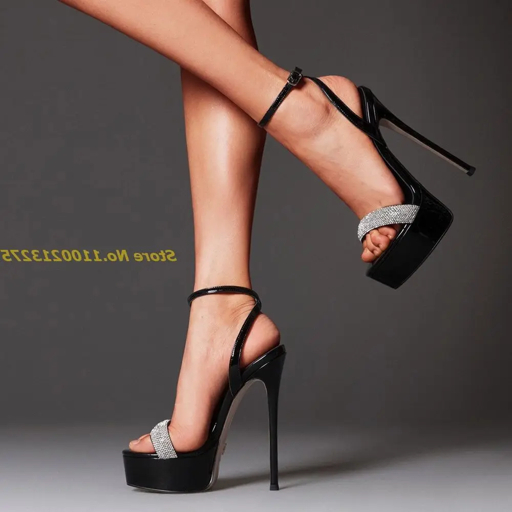 

Super High Heel Platform Sandals Crystal Ankle Strap Black Silver Runway Dress Shoes Party Open Toe Classical Sandals