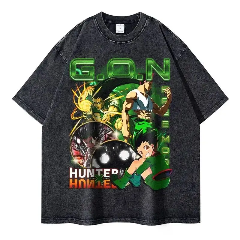 Anime Hunter X Hunter T-shirts Vintage Washed Phantom Troupe T Shirt Oversized Manga Killua Gon Chrollo Tops Tees Men 100%Cotton